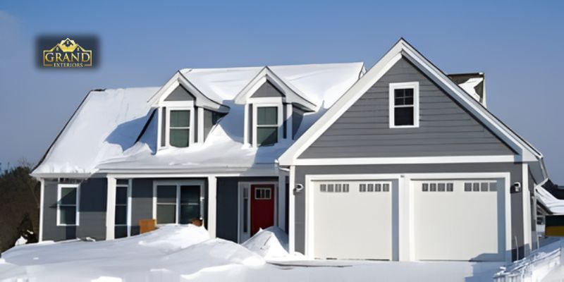 Home exterior prepared for winter with insulated roof, maintained siding, and snow protection